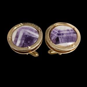 Swank Gold-Tone Cufflinks w/ Purple Quartz Gemstones – Vintage Round Design